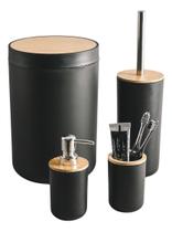 Kit Para Banheiro 4 Peças Lixeira Porta Escova Tampa Bambu G
