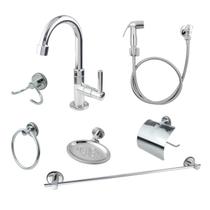 Kit Para Banheiro Acessórios Metal Inox + Torneira Banheiro Lavatório 1198 + Ducha Higiênica Kit Completo 7 Peças 2122 Kit Para Banheiro Acessórios Metal Inox + Torneira Banheiro Lavatório 1198 + Ducha Higiênica Kit Completo 7 Peças 2122