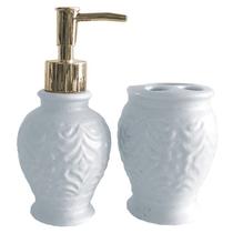 Kit Para Banheiro Arabesco em Cerâmica Branco Lavabo 2 Peças Porta Sabonete Liquido Kit Para Banheiro Arabesco em Cerâmica Branco Lavabo 2 Peças Porta Sabonete Liquido