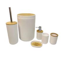 Kit Para Banheiro Bambu 6 Peças Lixeira Copo Saboneteira Dispenser Porta Escova e Escova Sanitária