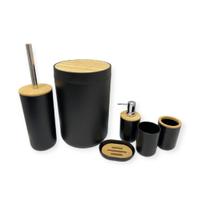 Kit Para Banheiro Bambu 6 Peças Lixeira Copo Saboneteira Dispenser Porta Escova e Escova Sanitária