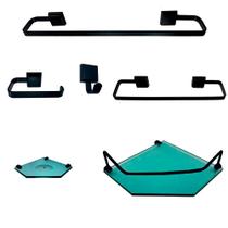 Kit Para Banheiro Cansas Luxo Preto Vidro Sextavado Verde Kit Para Banheiro Cansas Luxo Preto Vidro Sextavado Verde