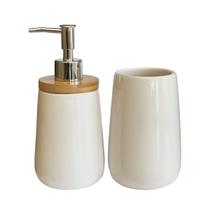 Kit Para Banheiro Cerâmica Branco Porta Escova E Saboneteira Jogo Dispenser Sabonete Liquido Lavabo