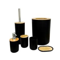 Kit Para Banheiro Completo 6 Peças Decoração Casa Luxo Limpeza Acessórios Lixeira Escova Sanitária Tampa Aberta Em Bambu