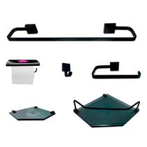 Kit Para Banheiro Dália Sextavado Preto Vidro Fumê 6 Peças