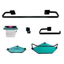 Kit Para Banheiro Dália Sextavado Preto Vidro Verde 6 Peças Kit Para Banheiro Dália Sextavado Preto Vidro Verde 6 Peças