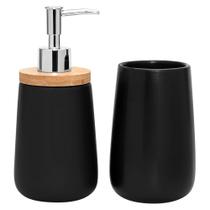 Kit Para Banheiro De Cerâmica/Bambu Porta Escova E Saboneteira Preto