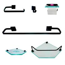 Kit Para Banheiro Império Preto Sextavado Vidro Incolor Kit Para Banheiro Império Preto Sextavado Vidro Incolor