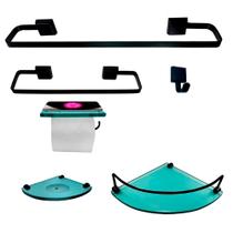 Kit Para Banheiro Platinum Luxo Premium Preto Vidro Modelado Verde