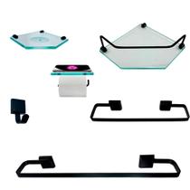 Kit Para Banheiro Platinum Luxo Premium Preto Vidro Sext Incolor