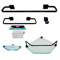 Kit Para Banheiro Platinum Luxo Premium Preto Vidro Sextavado Incolor Kit Para Banheiro Platinum Luxo Premium Preto Vidro Sextavado Incolor