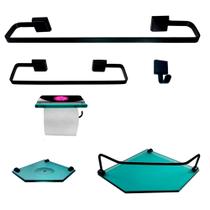 Kit Para Banheiro Platinum Luxo Premium Preto Vidro Sextavado Verde Kit Para Banheiro Platinum Luxo Premium Preto Vidro Sextavado Verde