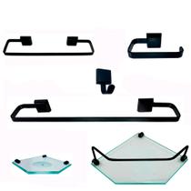 Kit Para Banheiro Platinum Luxo Preto Vidro Sextavado Incolor
