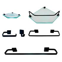 Kit Para Banheiro Platinum Luxo Preto Vidro Sextavado Incolor