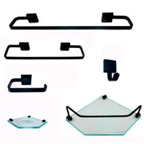Kit Para Banheiro Platinum Luxo Preto Vidro Sextavado Incolor Kit Para Banheiro Platinum Luxo Preto Vidro Sextavado Incolor