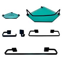 Kit Para Banheiro Platinum Luxo Preto Vidro Sextavado Verde