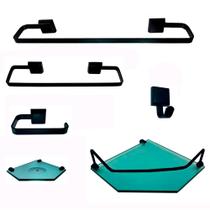 Kit Para Banheiro Platinum Luxo Preto Vidro Sextavado Verde Kit Para Banheiro Platinum Luxo Preto Vidro Sextavado Verde