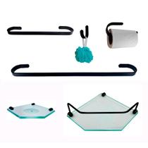 Kit Para Banheiro Platinum Preto Vidro Sextavado Incolor