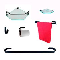 Kit Para Banheiro Platinum Preto Vidro Sextavado Incolor