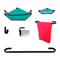 Kit Para Banheiro Platinum Preto Vidro Sextavado Verde