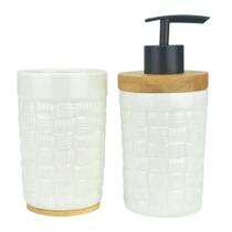 Kit para Banheiro Porcelana e Madeira 02 Peças Porta Sabonete Líquido e Porta Escova Tijolo