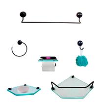 Kit Para Banheiro Topázio Premium Preto Vidro Sextavado Incolor