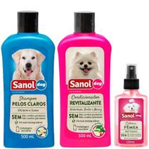 Kit para Banho de cachorro: Shampoo pelos claros, condicionador revitalizante e perfume fêmeas Sanol Dog