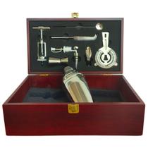 Kit Para Bar Com 10 Peças Maleta de Madeira e Utensílios em Aço Inox