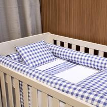 Kit para Berço Jogo de Lençol com Rolinhos 100% Algodão 7 Peças - Xadrez Azul