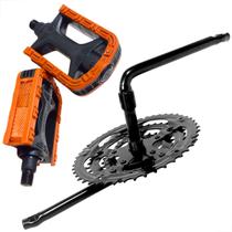 Kit Para Bicicleta Pedivela Monobloco Bike Aro 26 Aro 29 Coroa Tripla 28/38/48D Preto Pedal Par Rosca Fina 1/2" Sueco