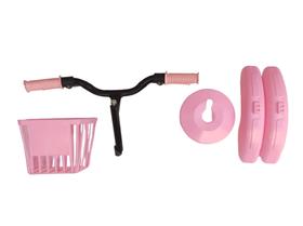 Kit para bicicletas aro 16 rosa com guidão, manetes, manoplas, cobre correntes, para-lamas e cesta.