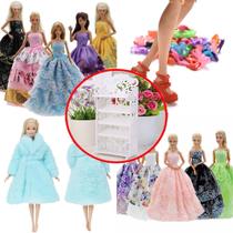 Kit para Bonecas Roupas e Acessórios Sapatos Mini Sapateira Casaco Vestidos Longos de Princesa