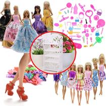 Kit para Bonecas Roupas e Acessórios Sapatos Mini Sapateira Vestidos Longos e Curtos