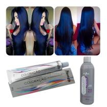 Kit Para Cabelo Preto Azulado 1 Tinta N1 Preto Azulado + 1 Água Oxigenada OX 20vol 90ml Mairibel