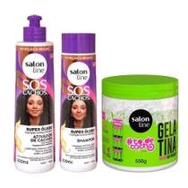 Kit para cacheadas com Shampoo, Ativador e Gelatina Salon Line