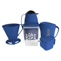 Kit para Café Azul Garrafa Térmica Leiteira Pote para Café Suporte para Filtro Açucareiro Colher Medidora