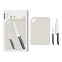 Kit Para Carnes E Legumes Plenus Em Aço Inox Cabos Cinza E Tábua De Corte 3 Peças