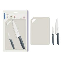 Kit para Carnes e Legumes Tramontina Plenus em Aço Inox Cabos Cinza e Tábua de Corte 3 Peças