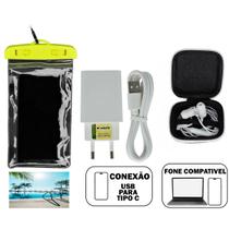Kit Para Celular Com Capa A Prova D'água E Fone E Carregador Cabo 100cm 3A 5V