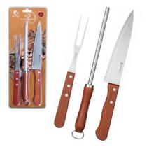 Kit Para Churrasco 3 Peças Aço Inox Com Cabo De Madeira Resistente Presente