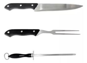 Kit Para Churrasco 3 Peças Faca Garfo Chaira Inox Kit Para Churrasco 3 Peças Faca Garfo Chaira Inox