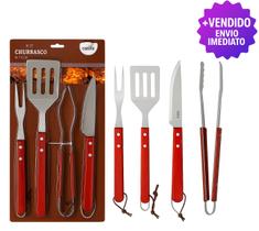 Kit Para Churrasco 4 Peças Com Faca Espátula Garfo E Pegador Profissional Alta Qualidade