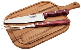 Kit para Churrasco Aço Inox e Cabo Vermelho Polywood com Tábua de Madeira 3 Pçs Tramontina