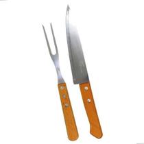 Kit para churrasco com uma faca e garfo trinchante madeira e aço inox casa moderna