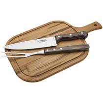 Kit para churrasco tramontina em aço inox cabo castanho polywood com tábua de madeira 3 peças 21198914