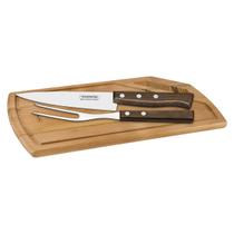 Kit para churrasco tramontina em aço inox cabo de madeira natural com tábua de madeira 3 peças 22299046