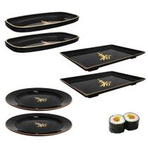 Kit para Comida Japonesa com 2 Pratos Redondo + 2 Pratos Retangular + 2 Mini Tigelas Nihon Shikko