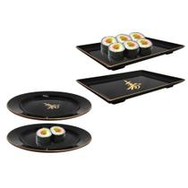 Kit para Comida Japonesa com 2 Pratos Redondo + 2 Pratos Retangular Nihon Shikko