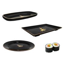 Kit para Comida Japonesa com Prato Redondo + Prato Retangular + Mini Tigela Nihon Shikko