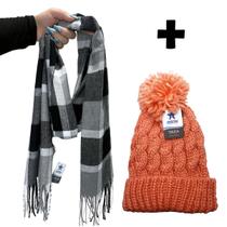 Kit Para Dias Frios Cachecol Xadrez Com Touca Pompom Tricô Quentinha